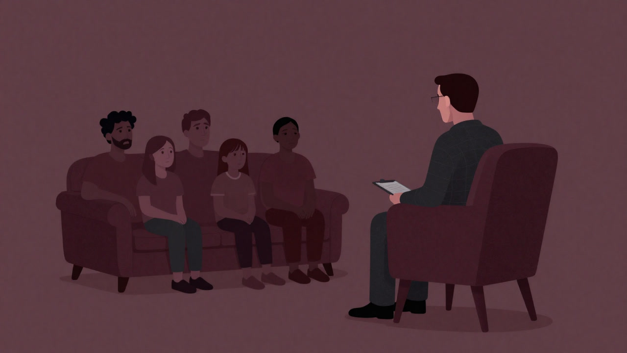 Family sitting on a couch exchanging tense glances during a therapy session