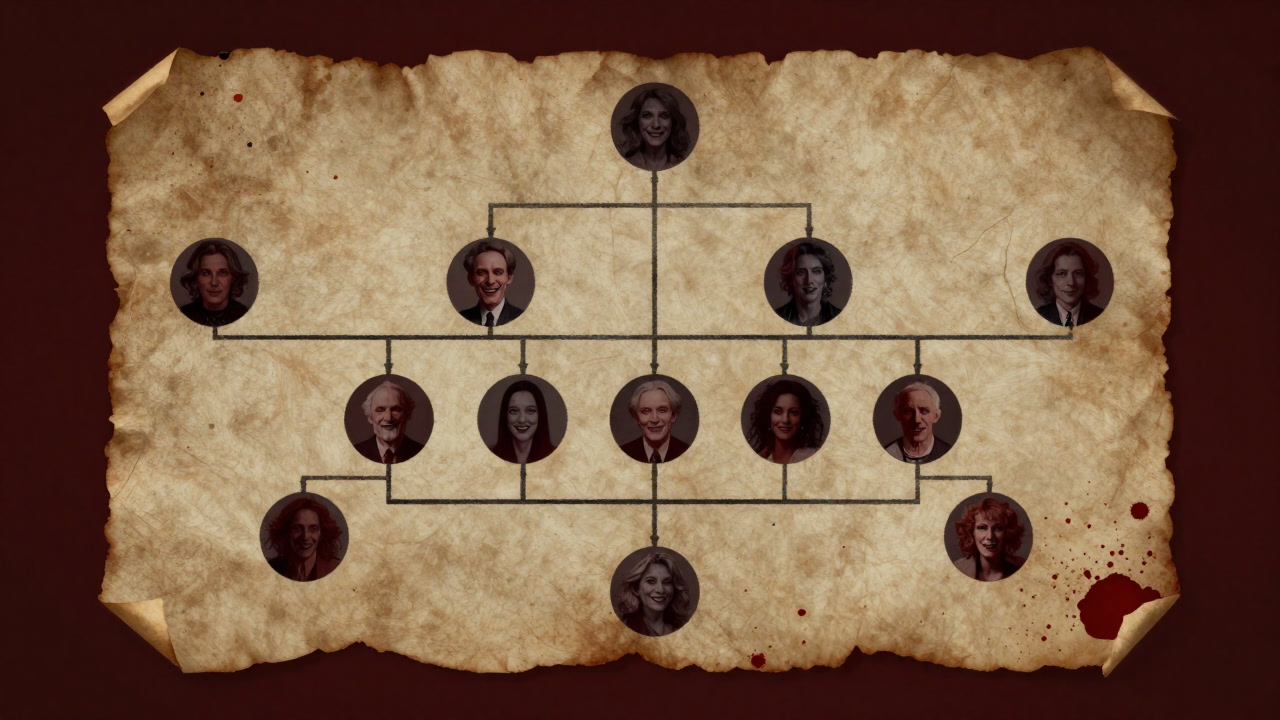 An ancient scroll-like family tree unfurled, with red splatter patterns like blood stains, and ancestor portraits bearing cryptic smiles.