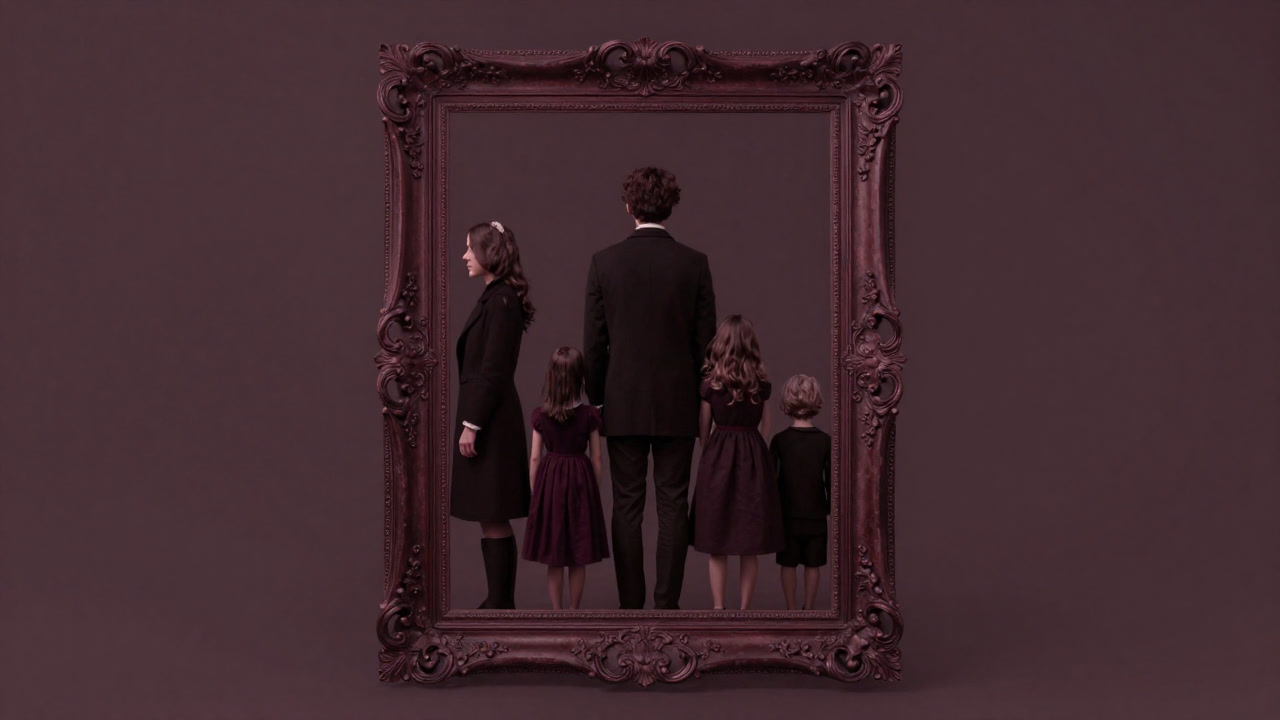 Silhouettes of people turning away from each other in the background, unable to fit in the family portrait frame