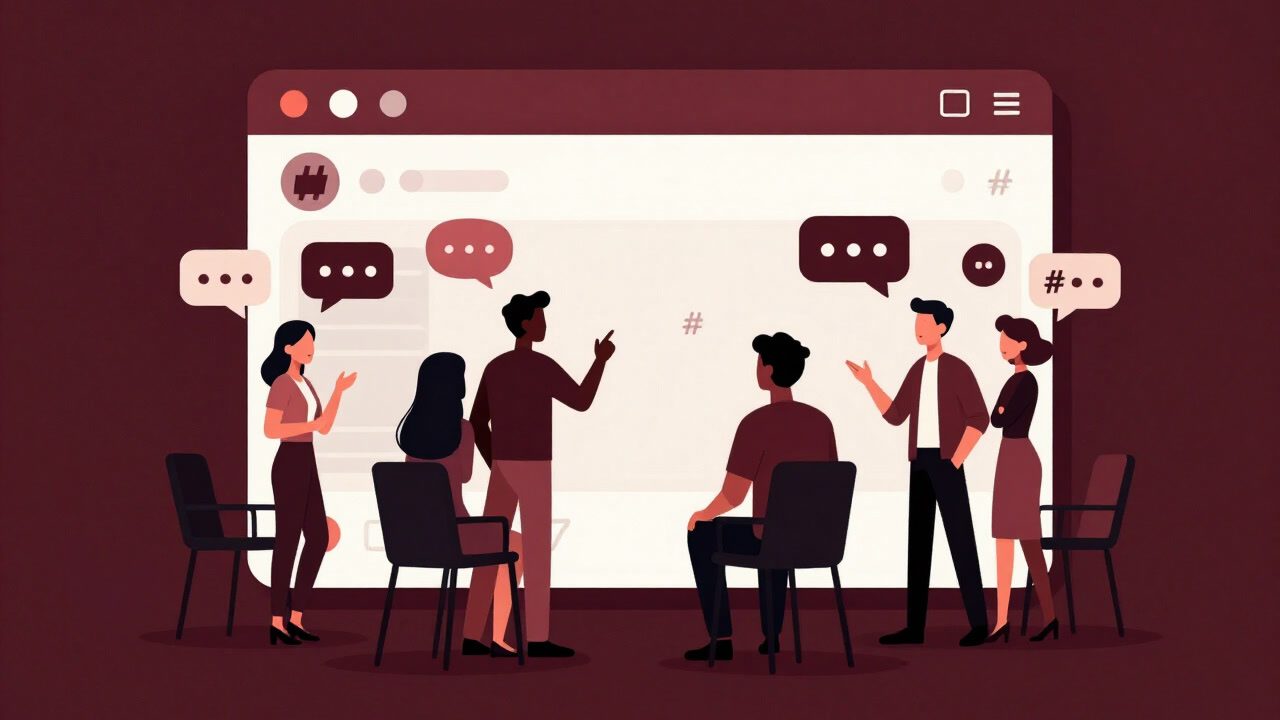 Illustration of anime-styled characters passionately debating in front of a social media interface.