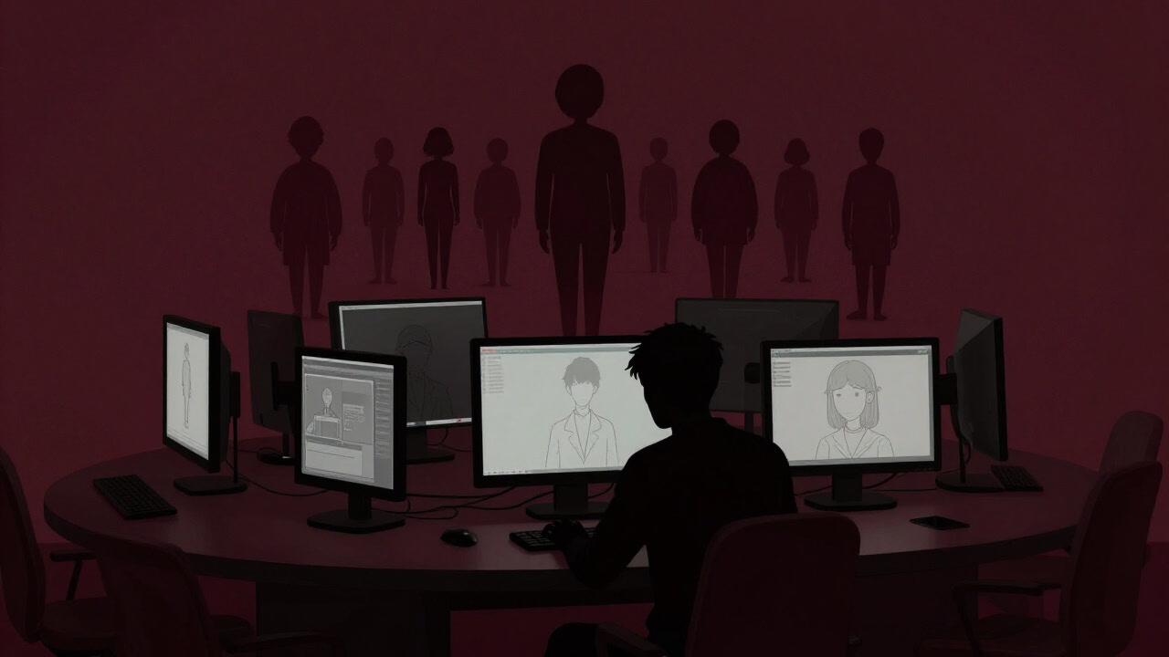 薄暗いモニターに映る、熱心にキーボードを叩く影絵の姿と、背後に浮かぶ無数のキャラクターシルエット