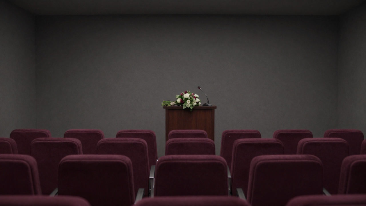 A conference room with chairs arranged, a bouquet of flowers and an empty microphone in front