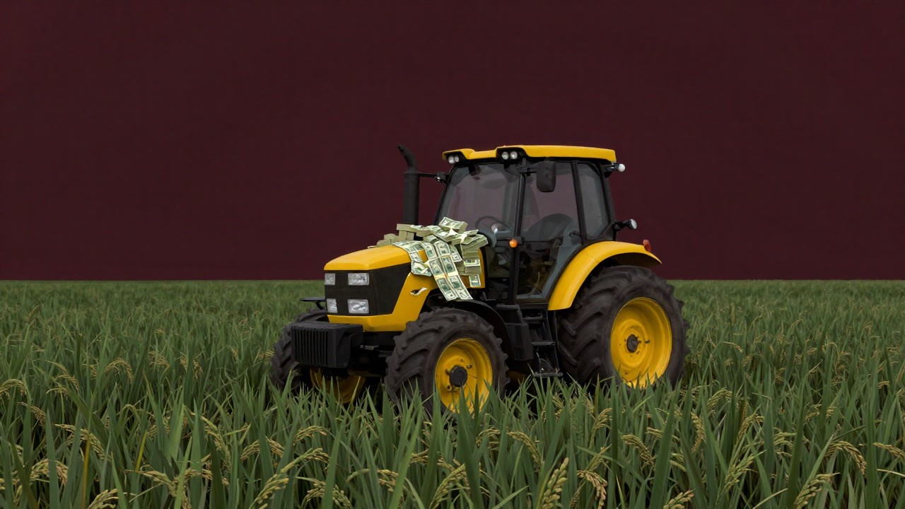緑の田んぼを背景に、札束で覆われたトラクターが誇らしげに佇むイラスト