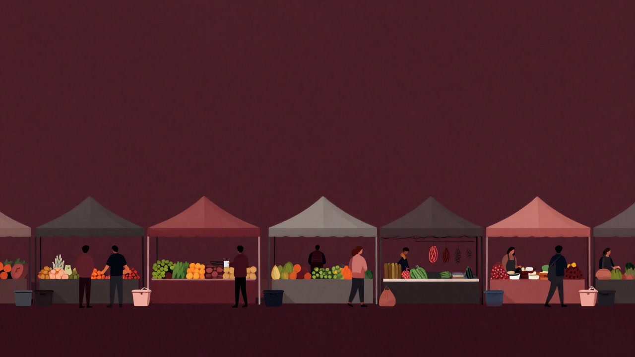 A row of colorful tents with consumers picking up overpriced vegetables at a farmers market
