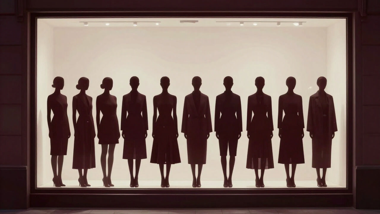 Silhouettes of people wearing identical outfits lined up in front of a store window with no expression