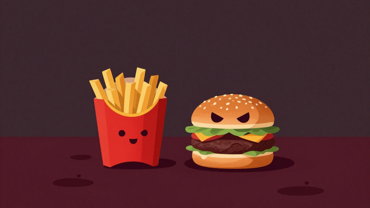 Image of an anthropomorphic box of fries smiling, placed atop a table slick with oil