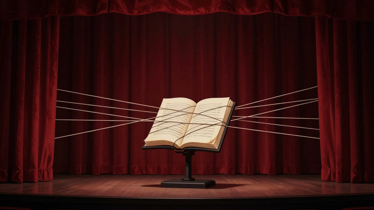 Image of an old theater stage with red curtains and a script paper covered in countless lines, locked in place.