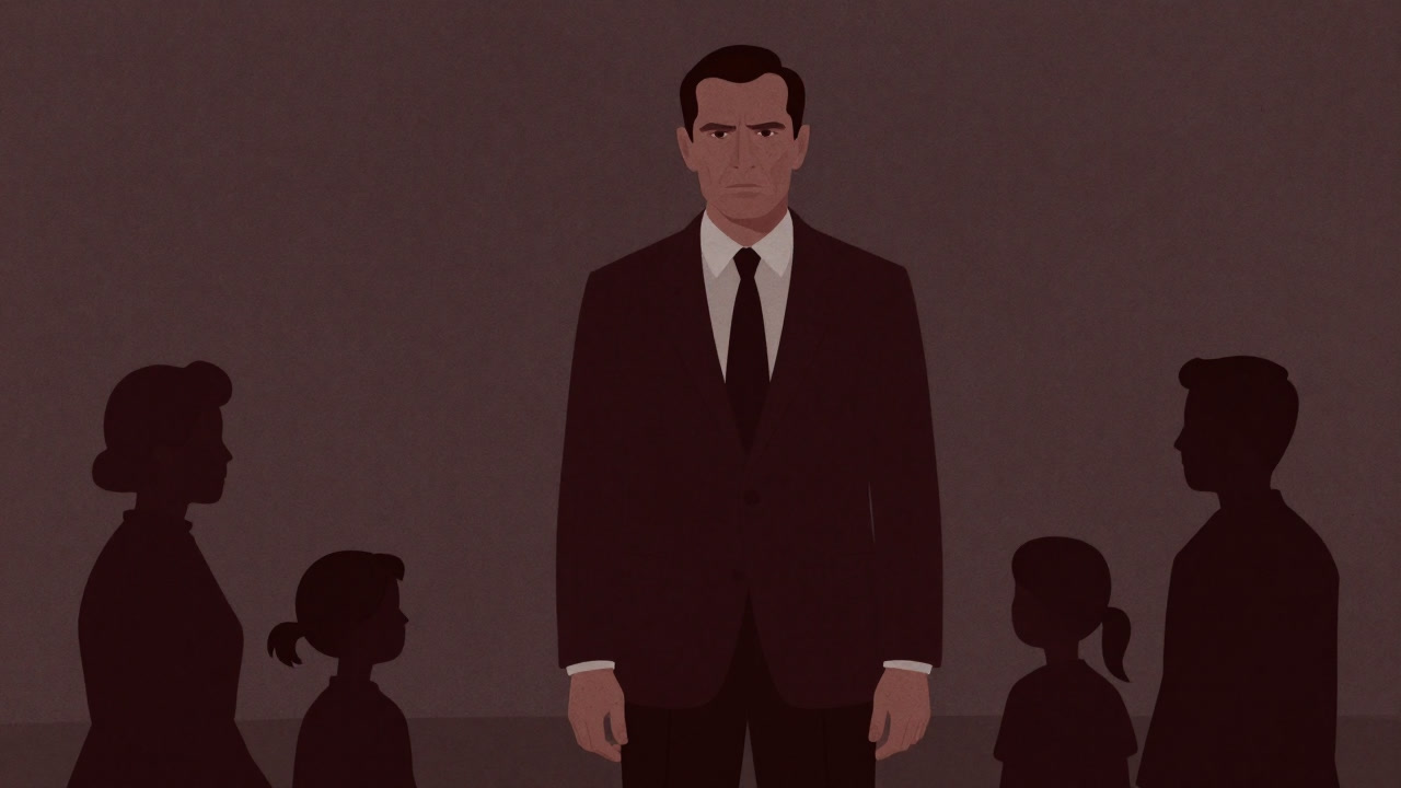 Illustration of a father-in-law with a commanding expression at a family gathering