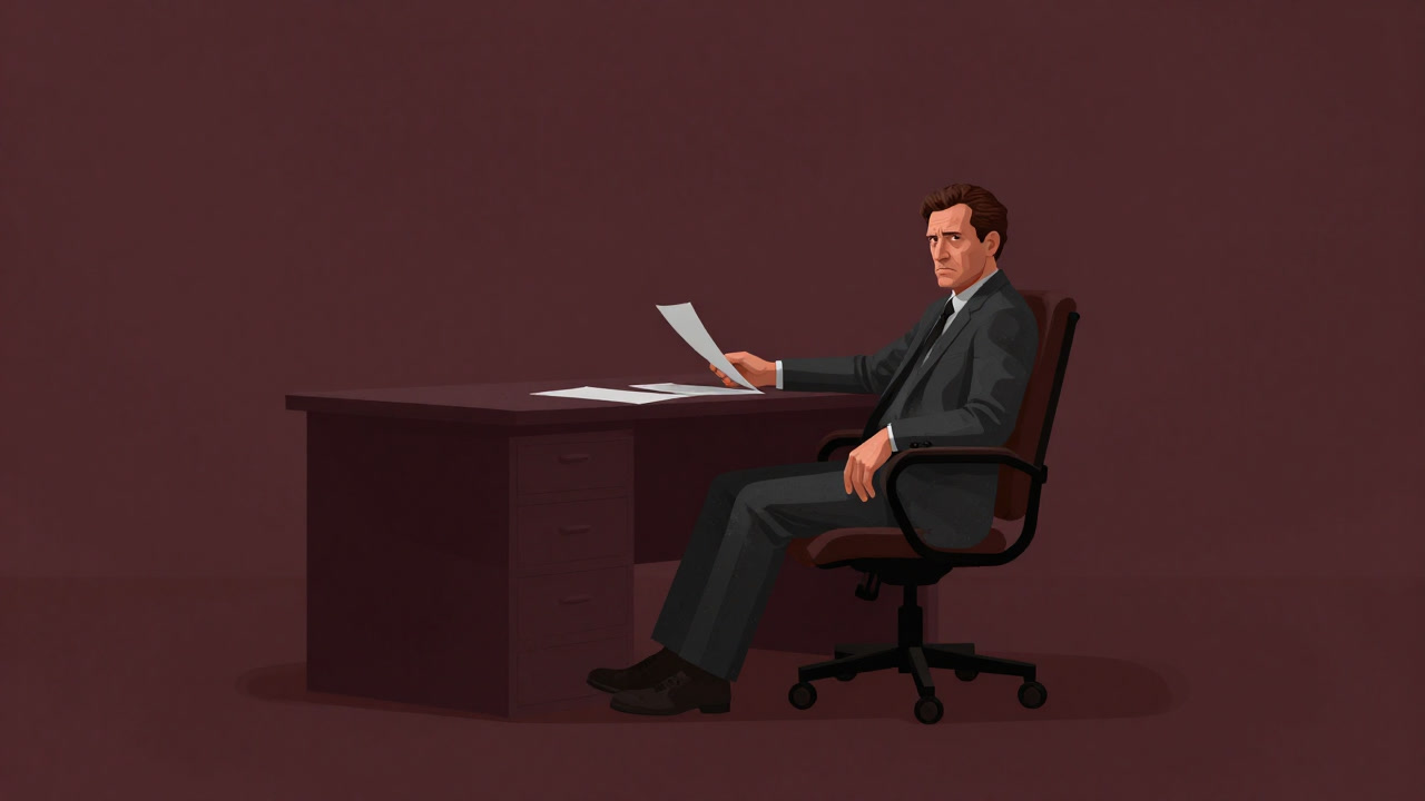 古びた書斎で椅子にふんぞり返り、資料を手にした渋い表情の父親がいる画像