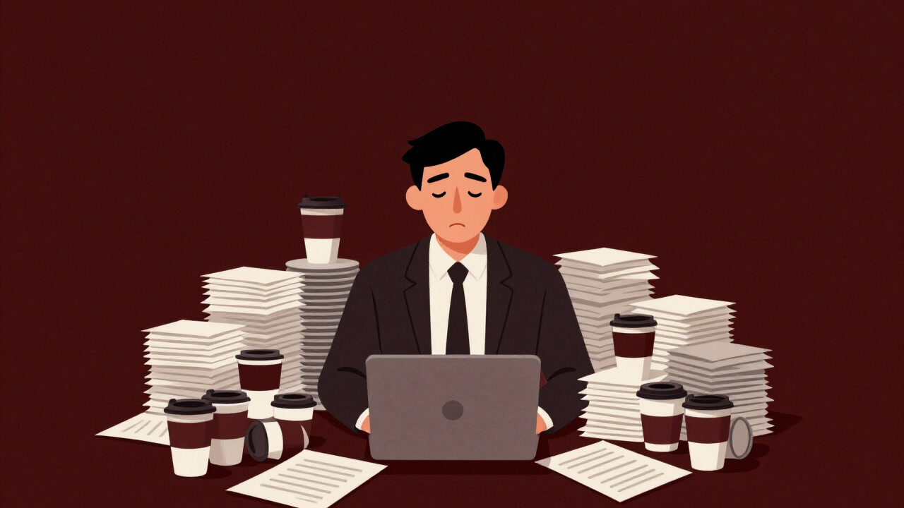 疲労の波に飲み込まれそうな表情で、コーヒーカップに囲まれたビジネスパーソンのイラスト