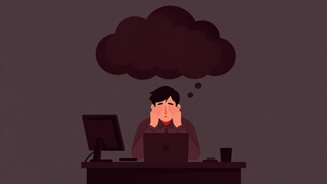 Illustration of a silhouette at an office desk rubbing their eyes, hunched over, with a heavy cloud hovering behind them