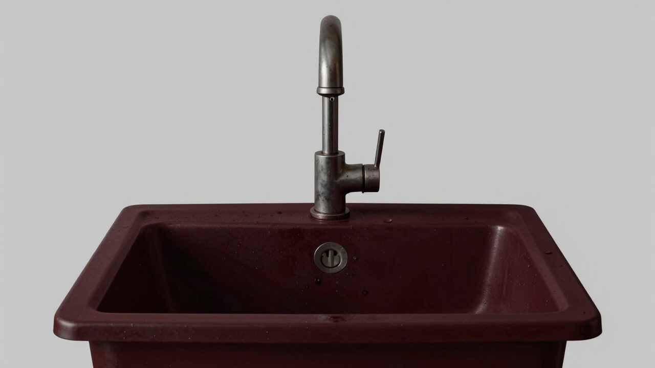 Photo of a dark kitchen with an old metal faucet dripping one drop of water at a time.