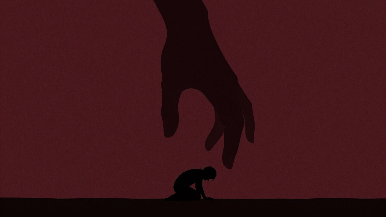 A small trembling figure in darkness, with an overbearing giant hand looming above