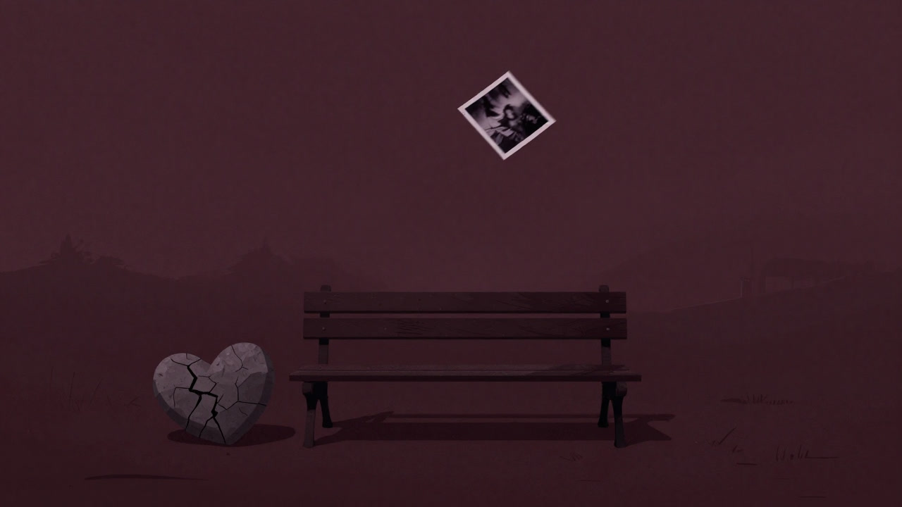A lone photograph fluttering on an empty bench at dusk, shadows filling the spaces in the heart.
