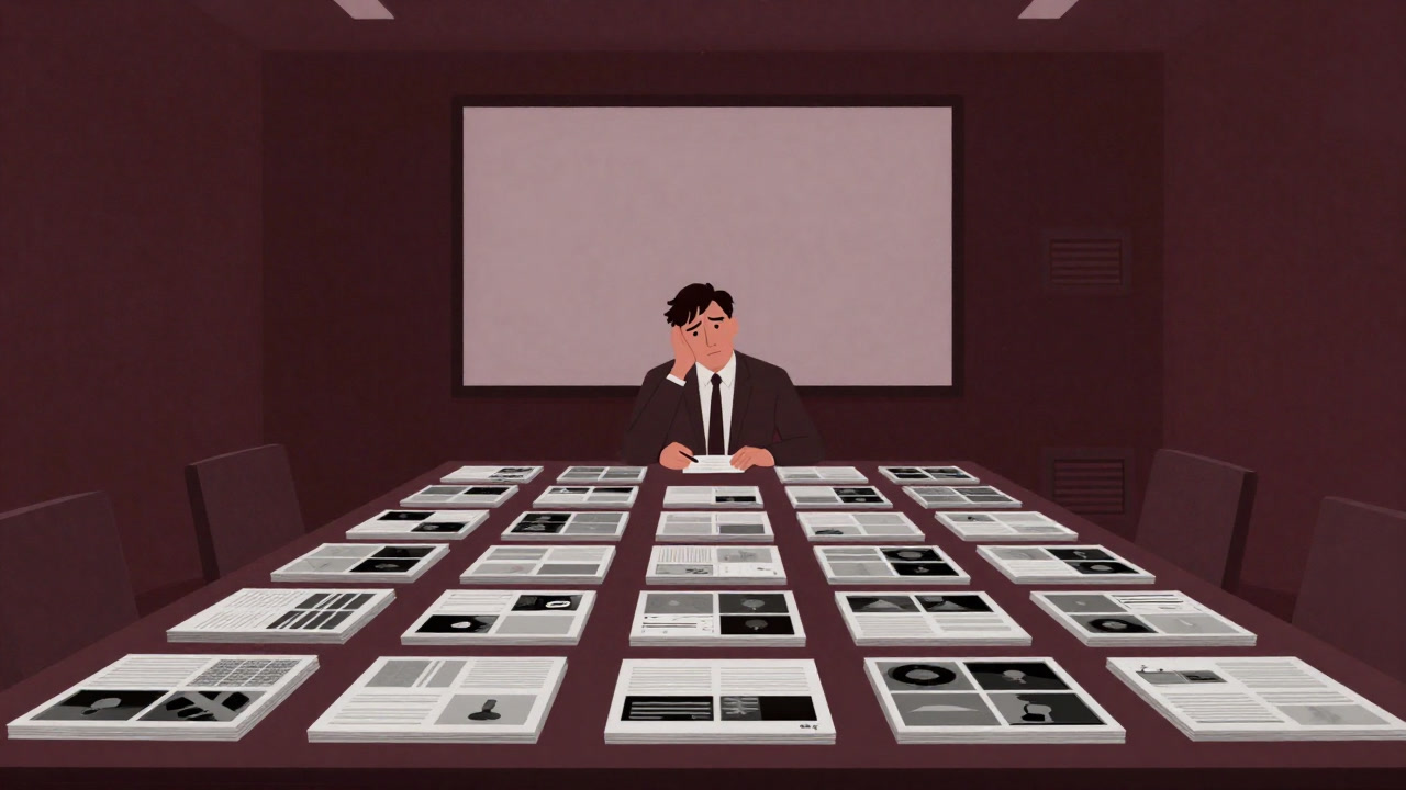 Illustration of a project manager sitting in front of endless slides and a PowerPoint in a conference room with a look of enlightenment