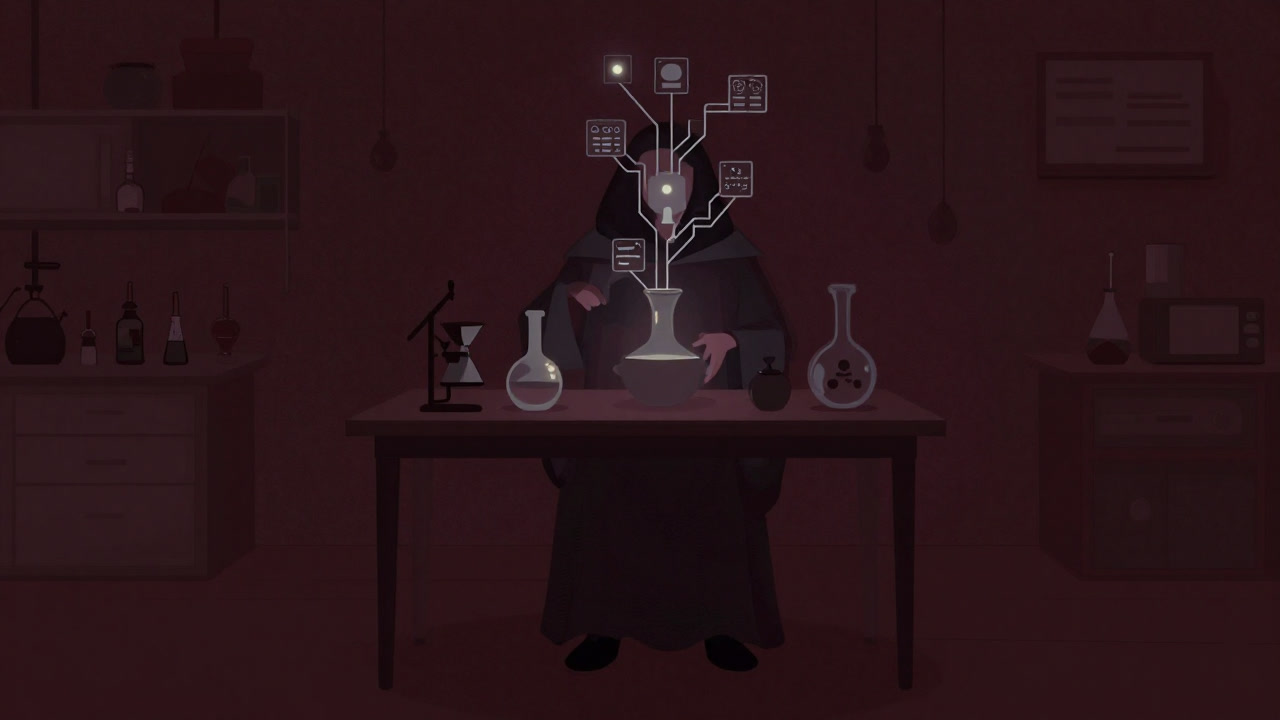 Illustration of a data scientist like an alchemist casting spells on floating variables
