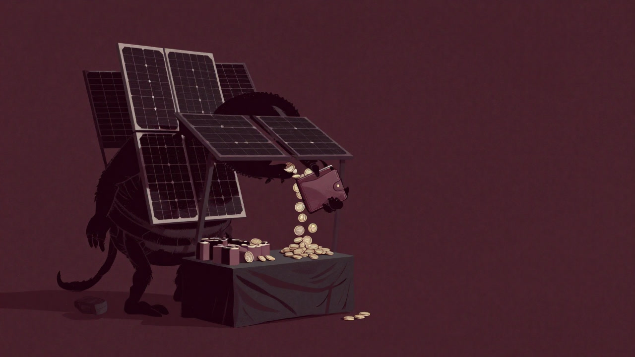 太陽光パネルと財布が合体して、税金を吸い上げる怪物のイラスト