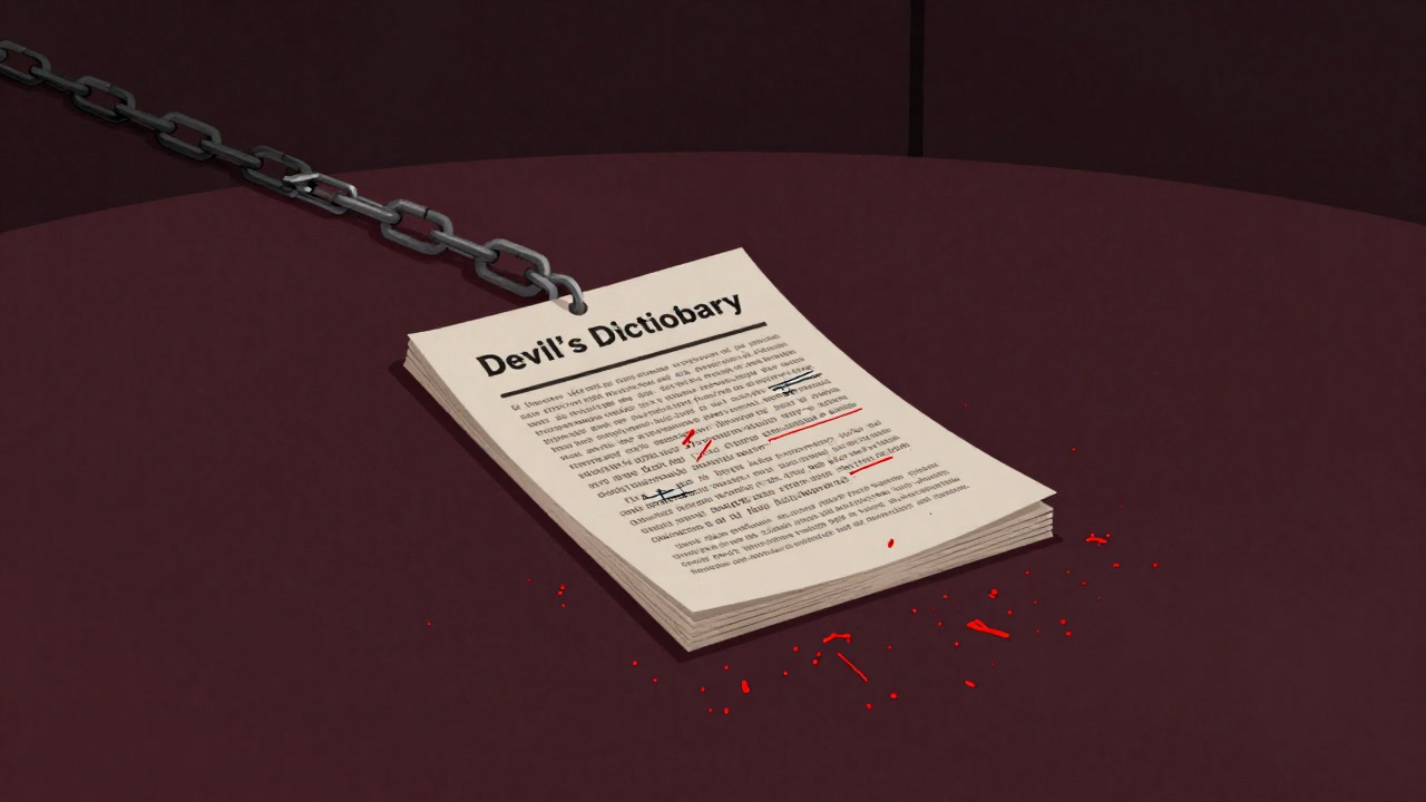 An image of a report tied with chains on a conference table, buried under a cascade of red ink comments.