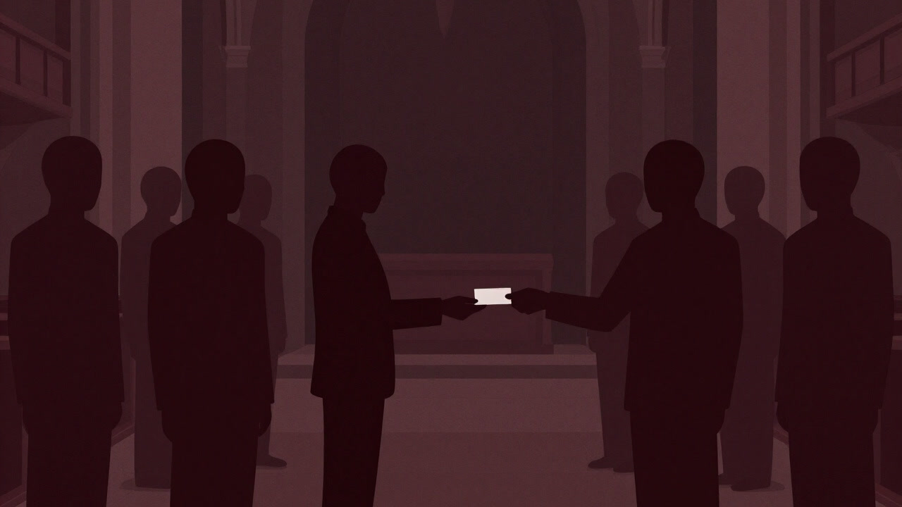 Silhouettes of people exchanging business cards silently at a church gathering