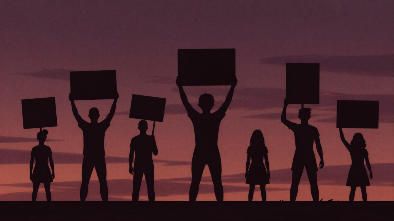 プラカードを持ち、抗議する人々のシルエットが夕陽に照らされる画像