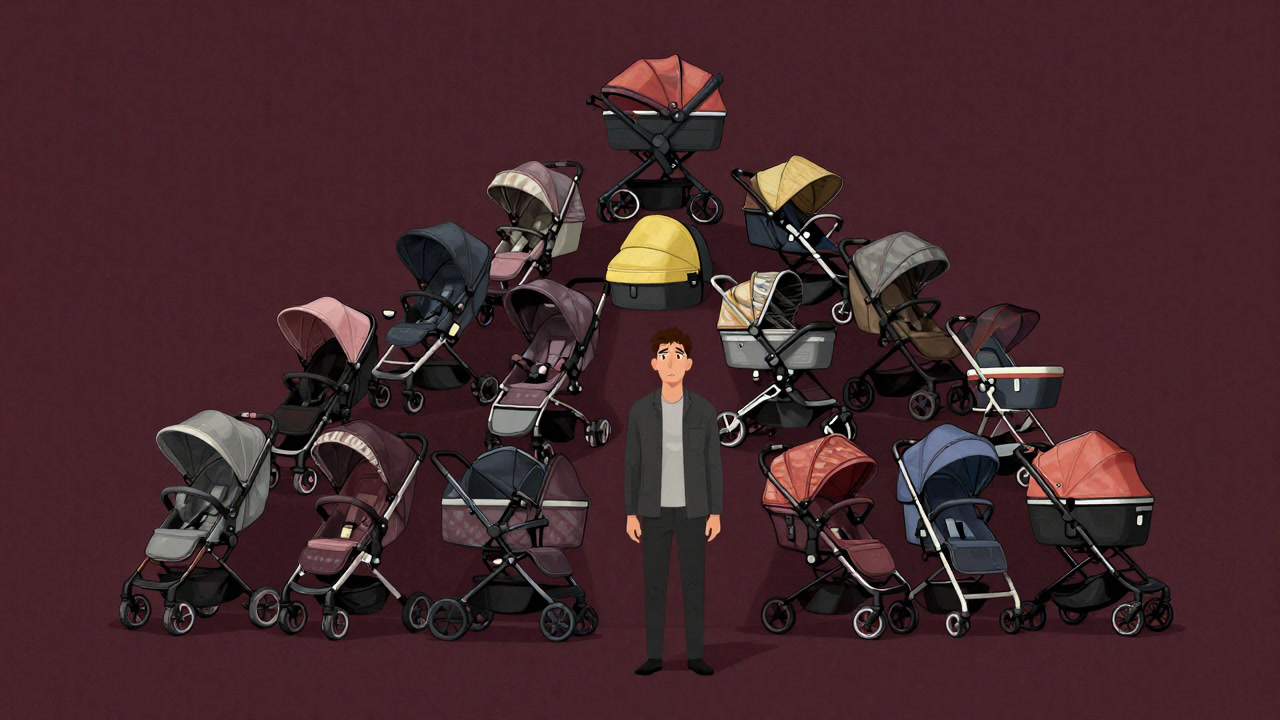 ベビーカーの山を前に眉間にしわを寄せる統計解析官のイラスト