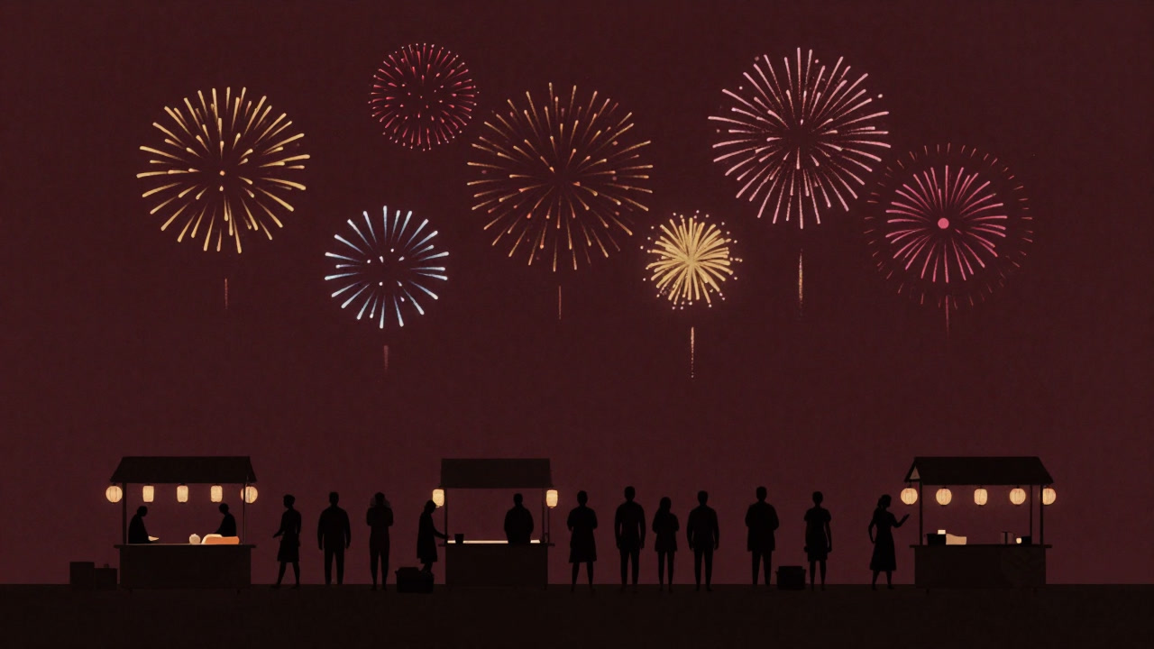 夜空に打ち上がる花火の下、屋台の列に並ぶ人々のシルエットが浮かぶ画像