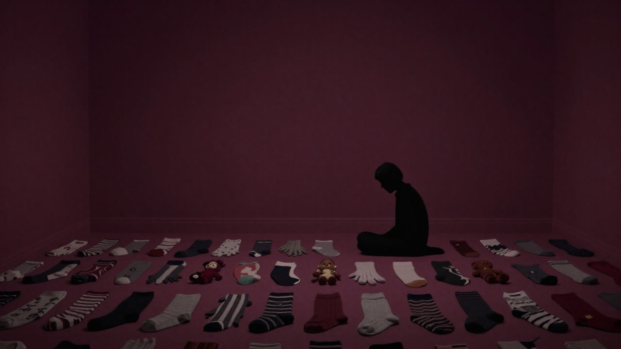靴下や手袋、古いぬいぐるみなどが薄暗い部屋に並べられ、愛着を持って観察する人影のシルエットの画像