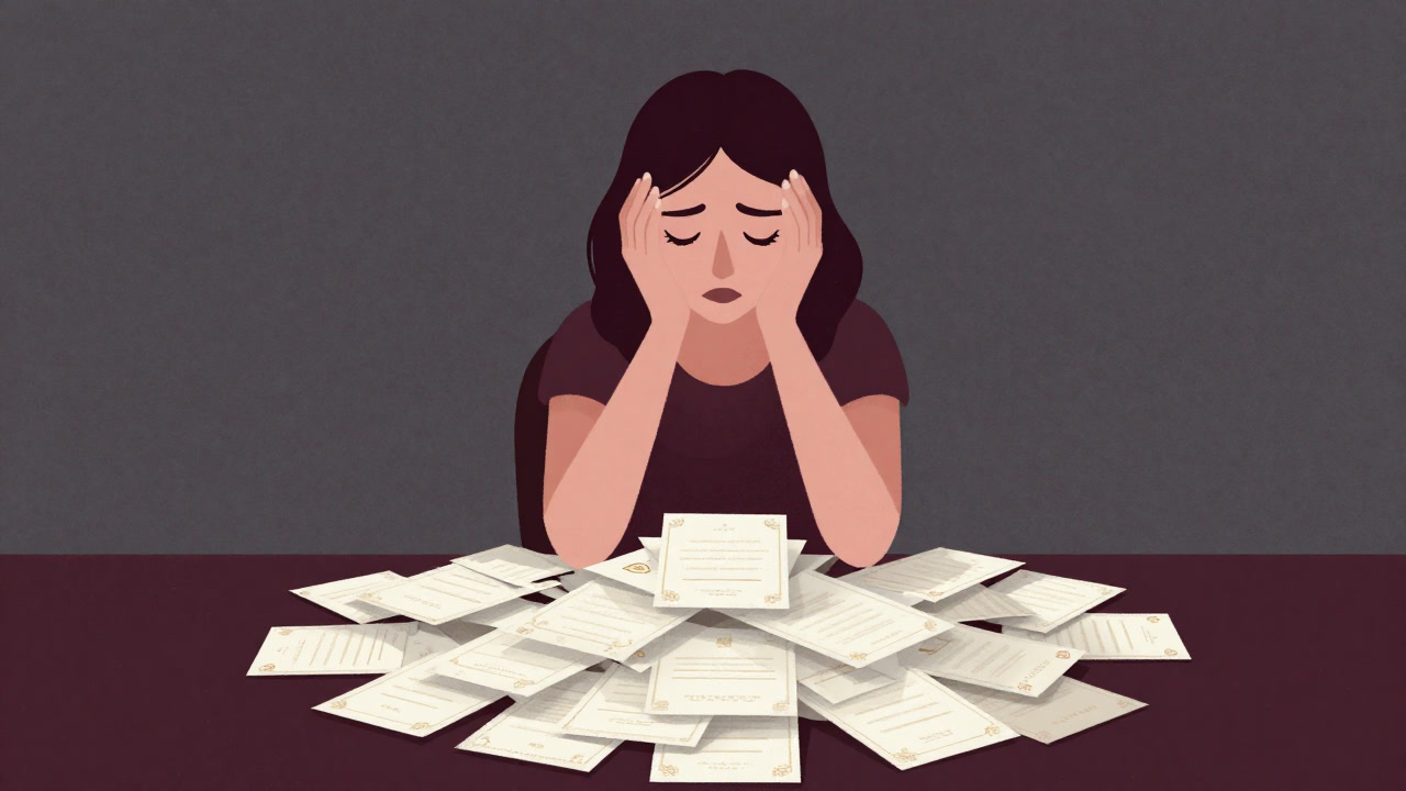 Illustration of a fiancée with an exhausted expression facing a huge pile of invitations