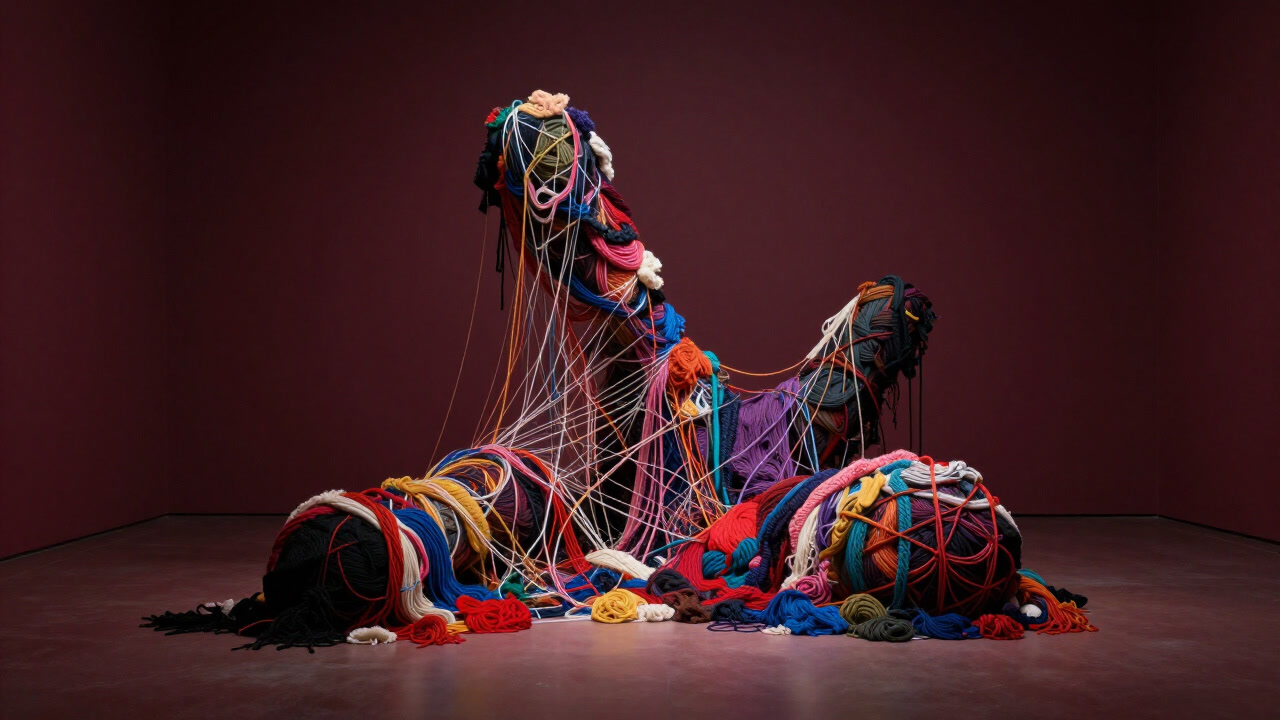 様々な色糸と布片が絡み合い、何を示すのか分からない巨大なファイバーアート作品
