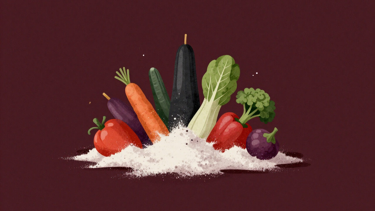 Illustration of dietary fiber hiding as a slender powder beneath colorful vegetables, silently working.