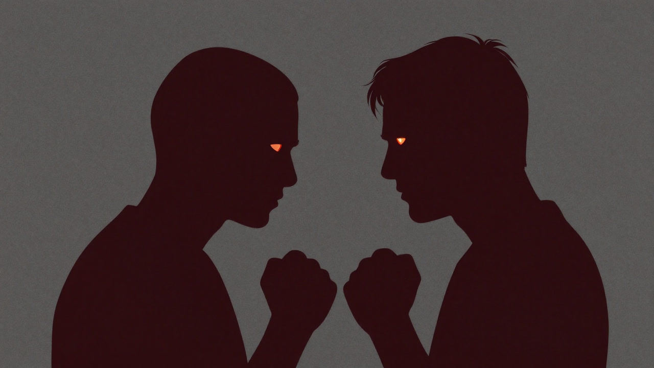 Silhouette of two figures clenching fists and glaring at each other with fiery eyes