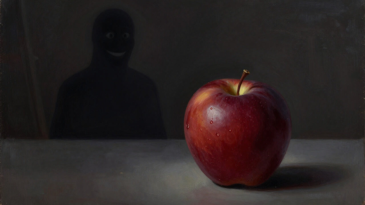 A viewer gazing in awe at a hyper-realistic apple painted on canvas while the painter's ghostly silhouette stands behind with a mocking grin