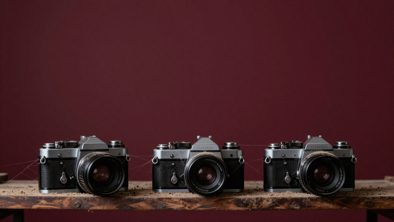 古びたフィルムカメラが棚に並び、埃をかぶったレンズが過去の栄光を物語る画像