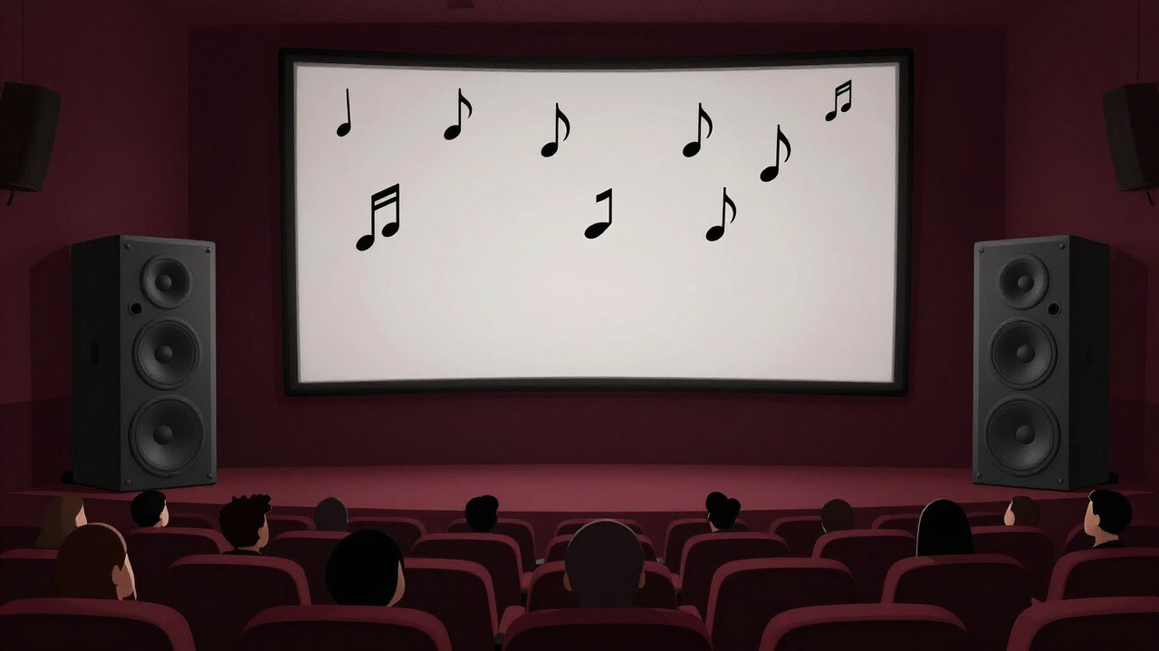 In a dark theater, a gigantic speaker towers before the screen, with a rain of musical notes enveloping the audience.