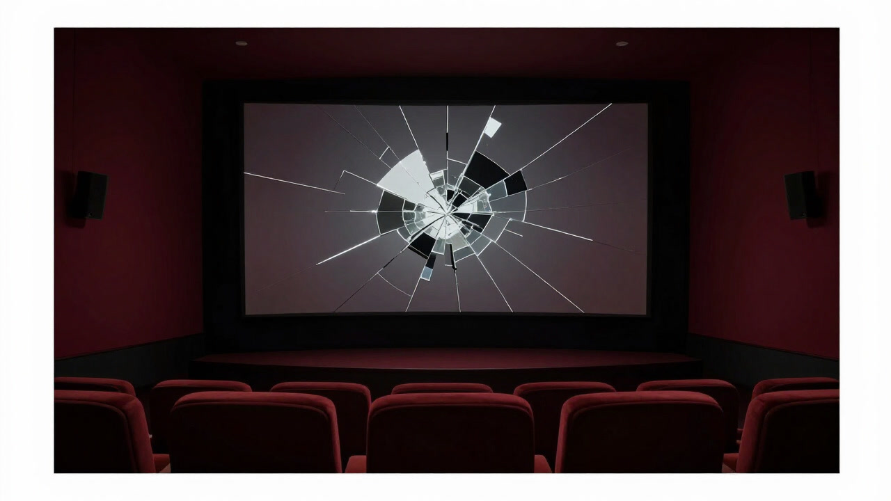 薄暗い映画館のスクリーンに、歪んだ虚構の断片が映し出される様子