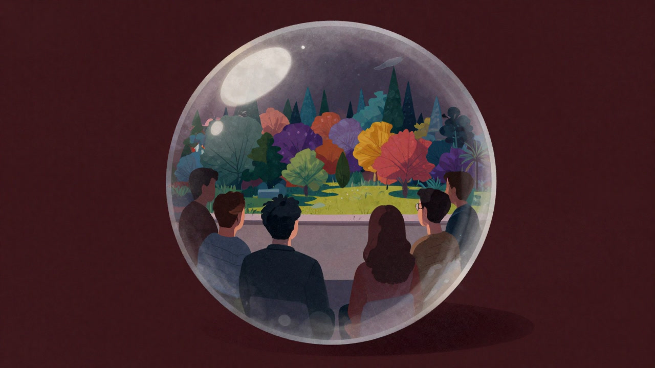 People trapped inside a transparent bubble gazing at the outside world