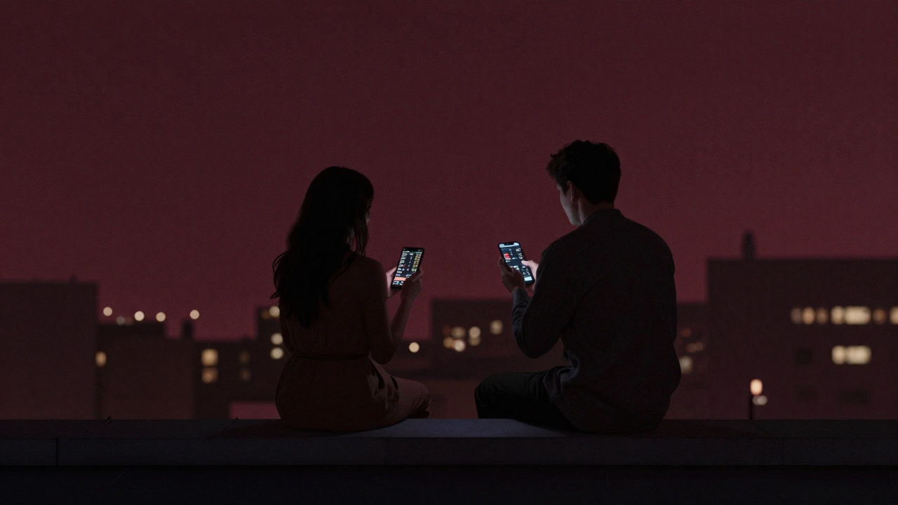 A couple holding smartphones, gazing not at city lights but at stock charts.