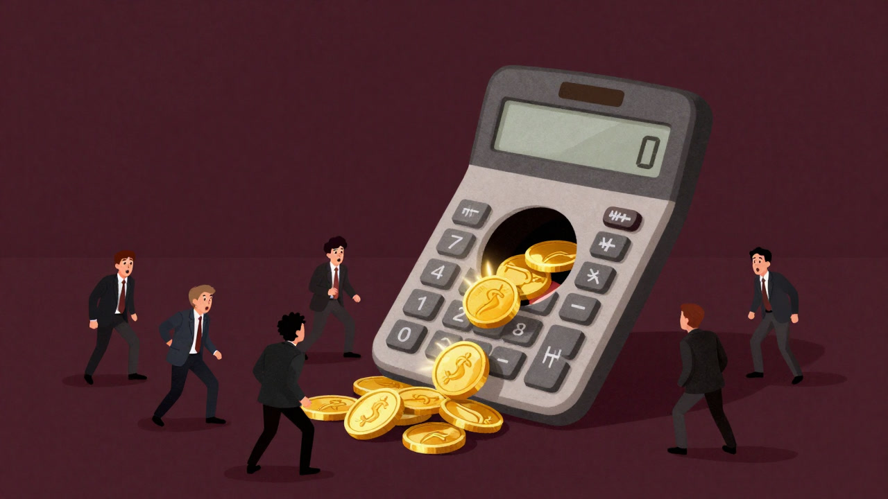 An enormous calculator devouring gold coins as onlookers watch in shock