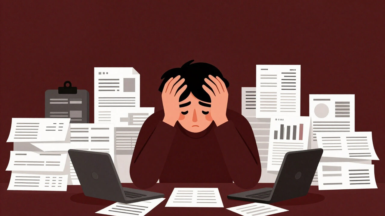 Illustration of a person holding their head in despair against a backdrop of piled bills and complex financial charts.