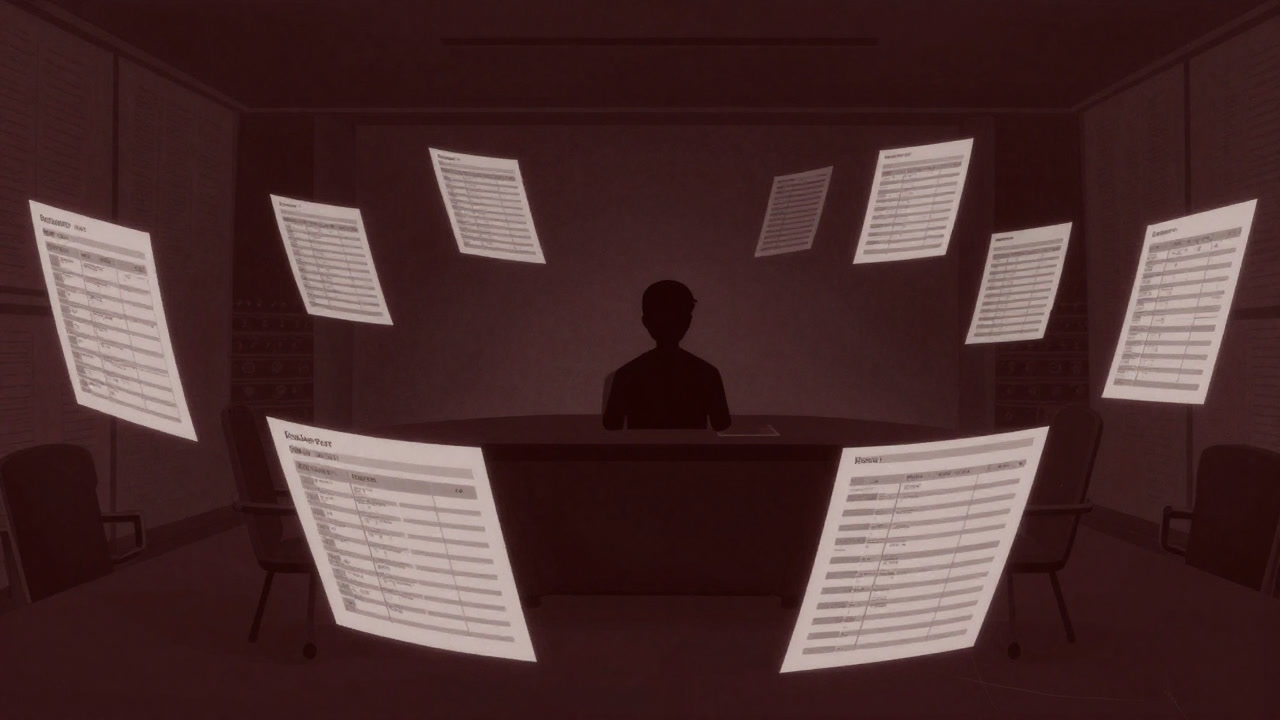 Silhouette of an analyst surrounded by countless spreadsheet cells in a dark meeting room, looking bewildered