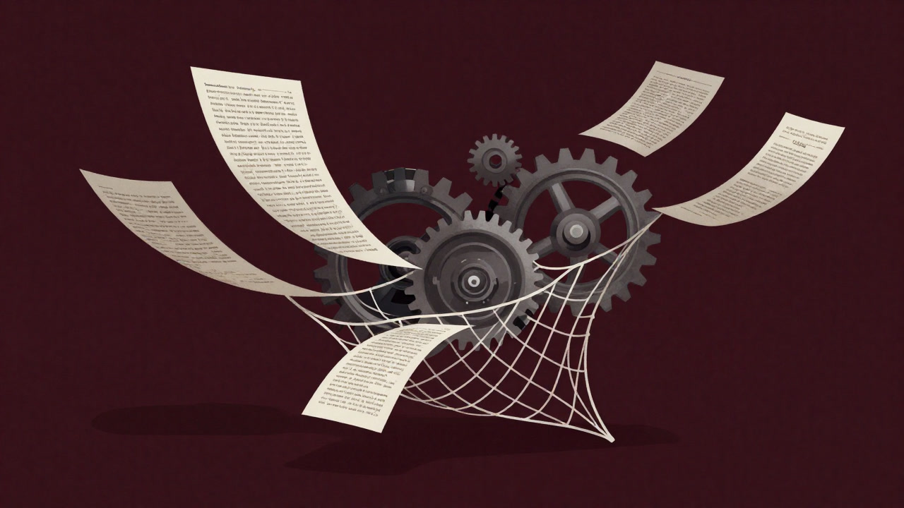 Illustration of a giant net trapping money flows, with regulatory documents swirling like gears.