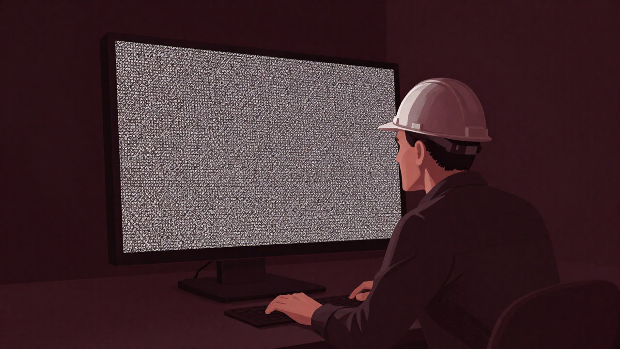 Image of an engineer staring blankly at a screen full of tiny triangular meshes.
