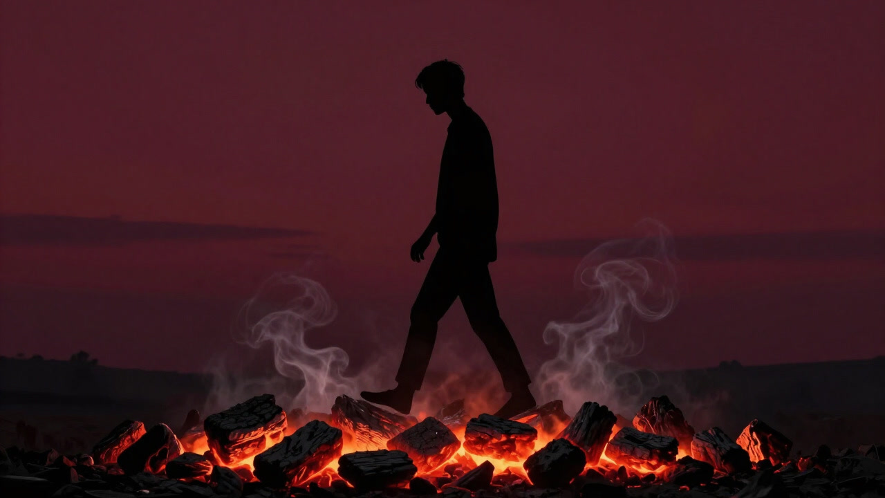 Silhouette of a participant barefoot walking on glowing coals