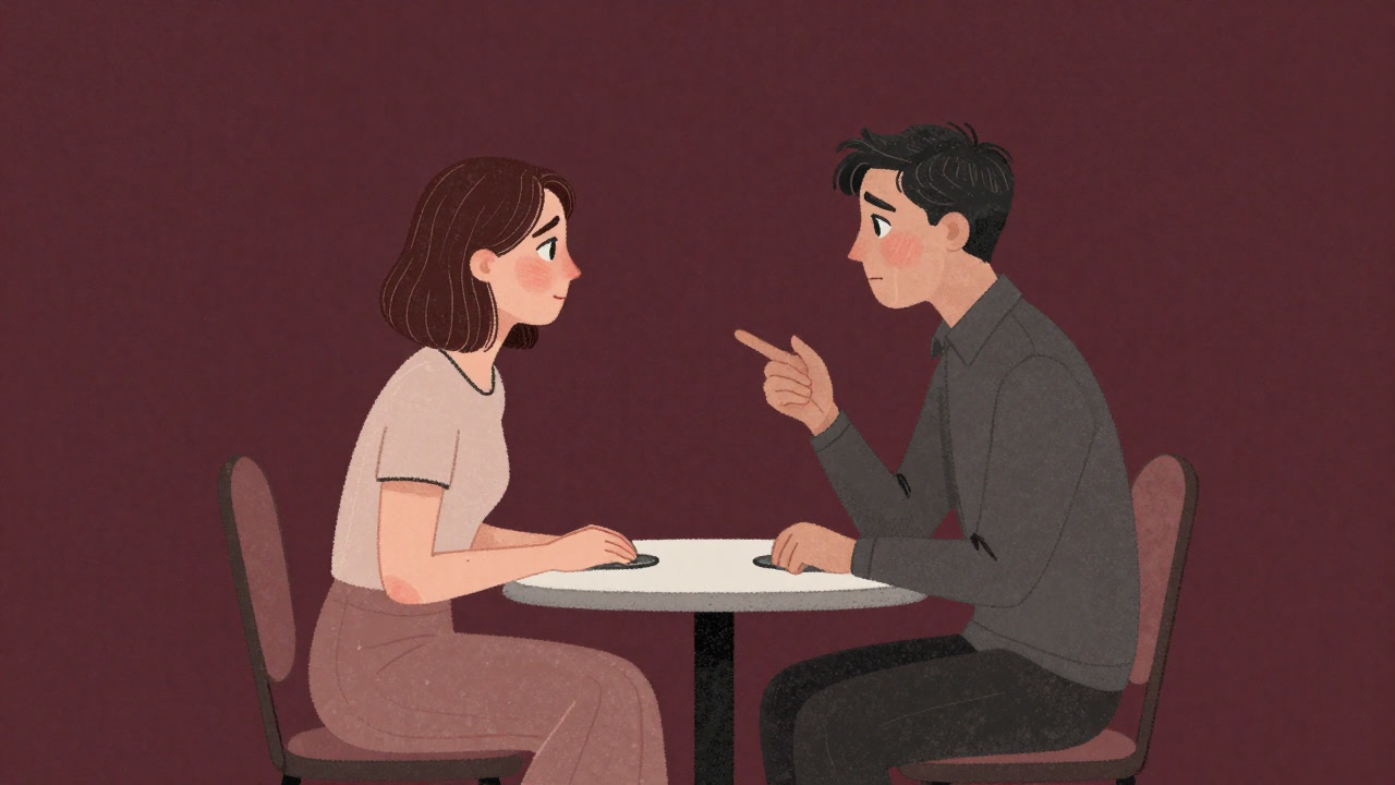 緊張で顔が赤くなり、言葉を選びながら視線を合わせる男女のイラスト