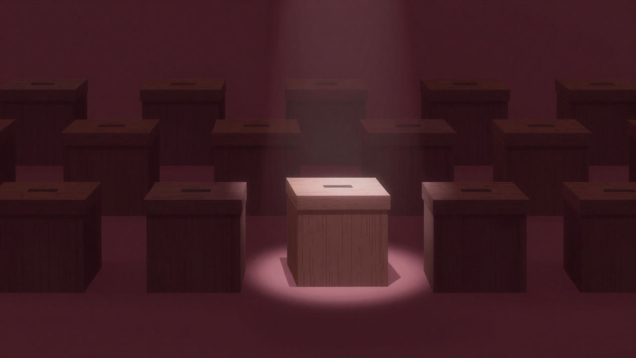 Illustration of multiple ballot boxes in district rows, with only the winner’s box illuminated by a spotlight.