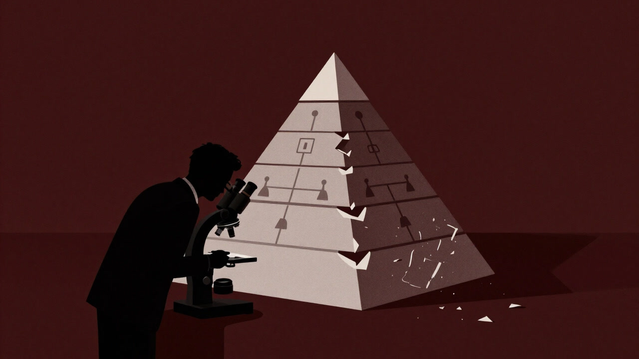 Silhouette of a businessperson peering through a microscope at a partially destroyed pyramid model