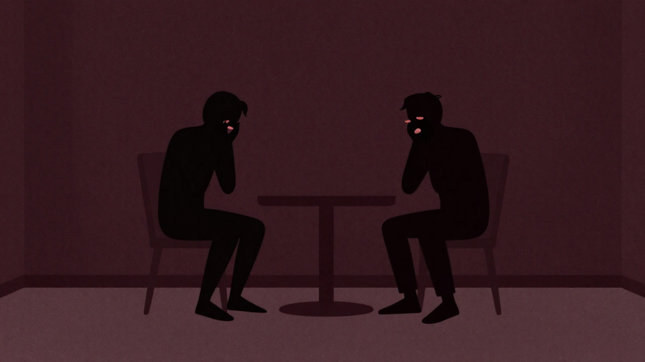 Two silhouettes in a dim room, fidgeting and blushing