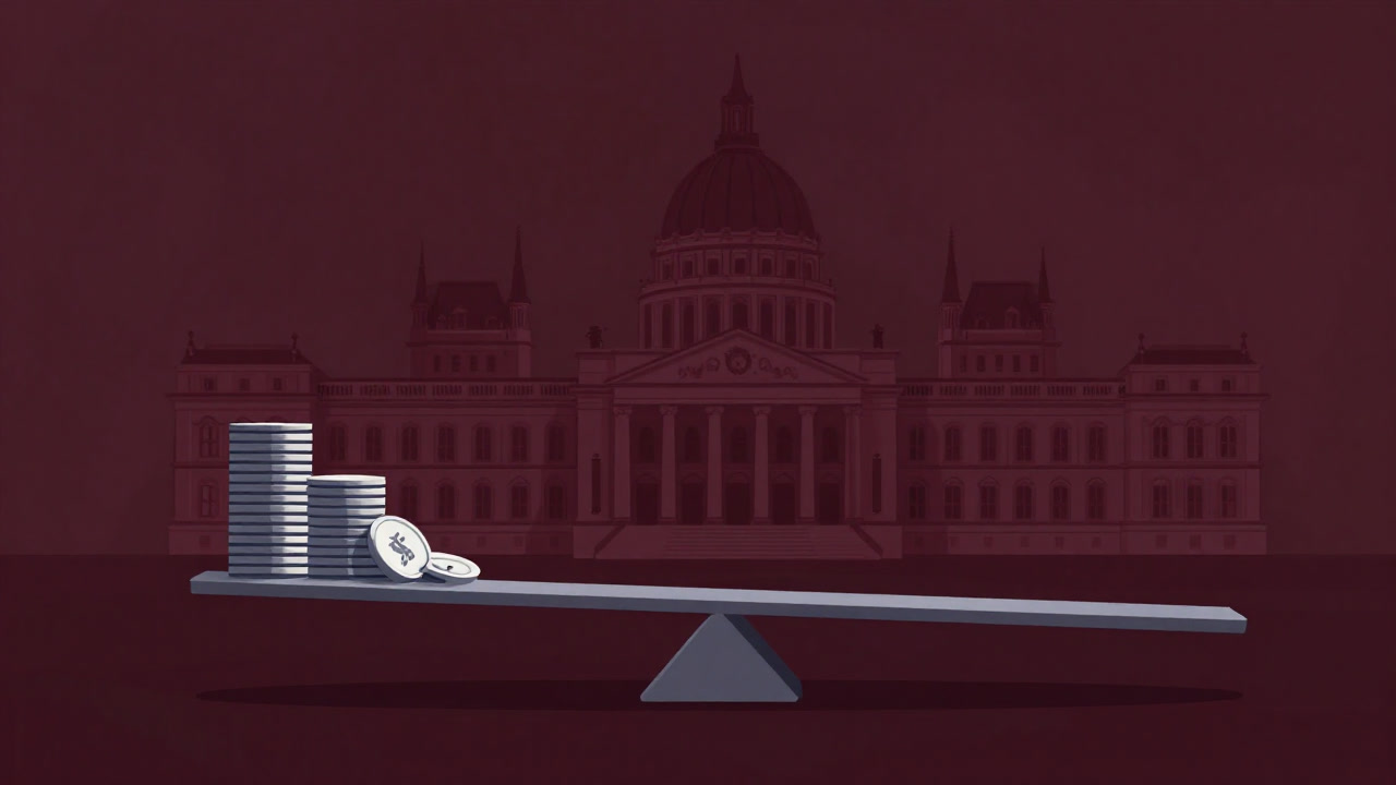 重厚な議会の背景に歳出と歳入の天秤が不安定に揺れるイラスト