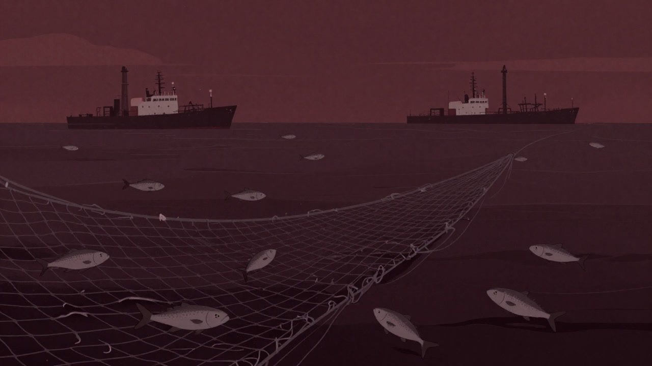 A vast ocean with a school of fish slipping through a fishing net