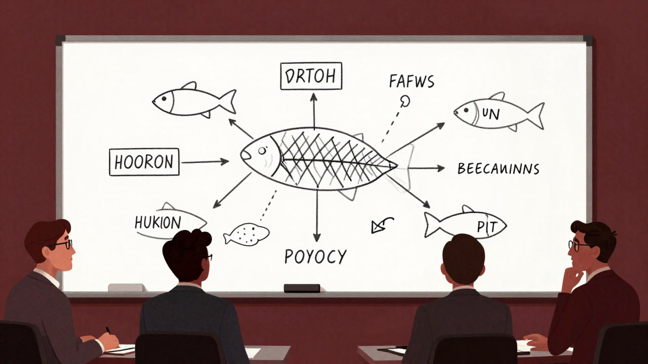 ホワイトボードに魚骨がびっしりと描かれ、参加者が呆然と眺める様子の画像